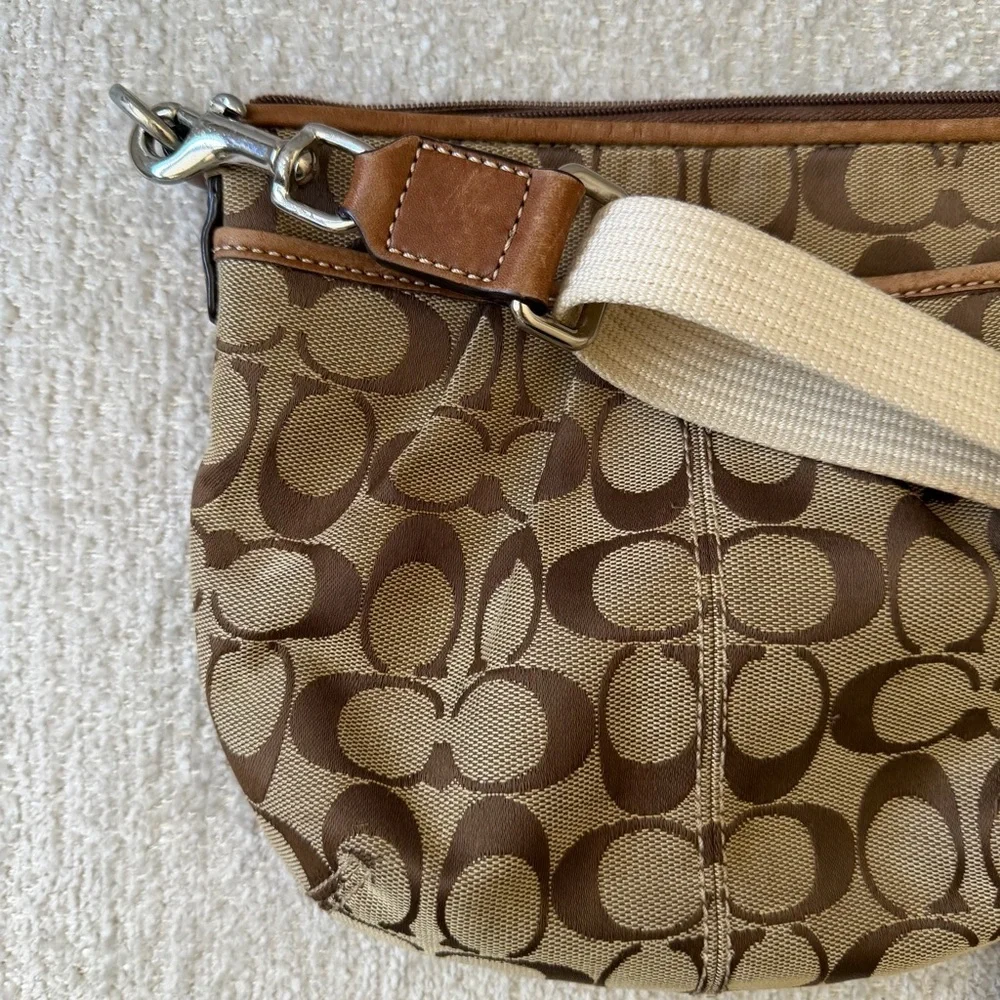 Coach Brown Signature Canvas Crossbody with Cream Adjustable Strap